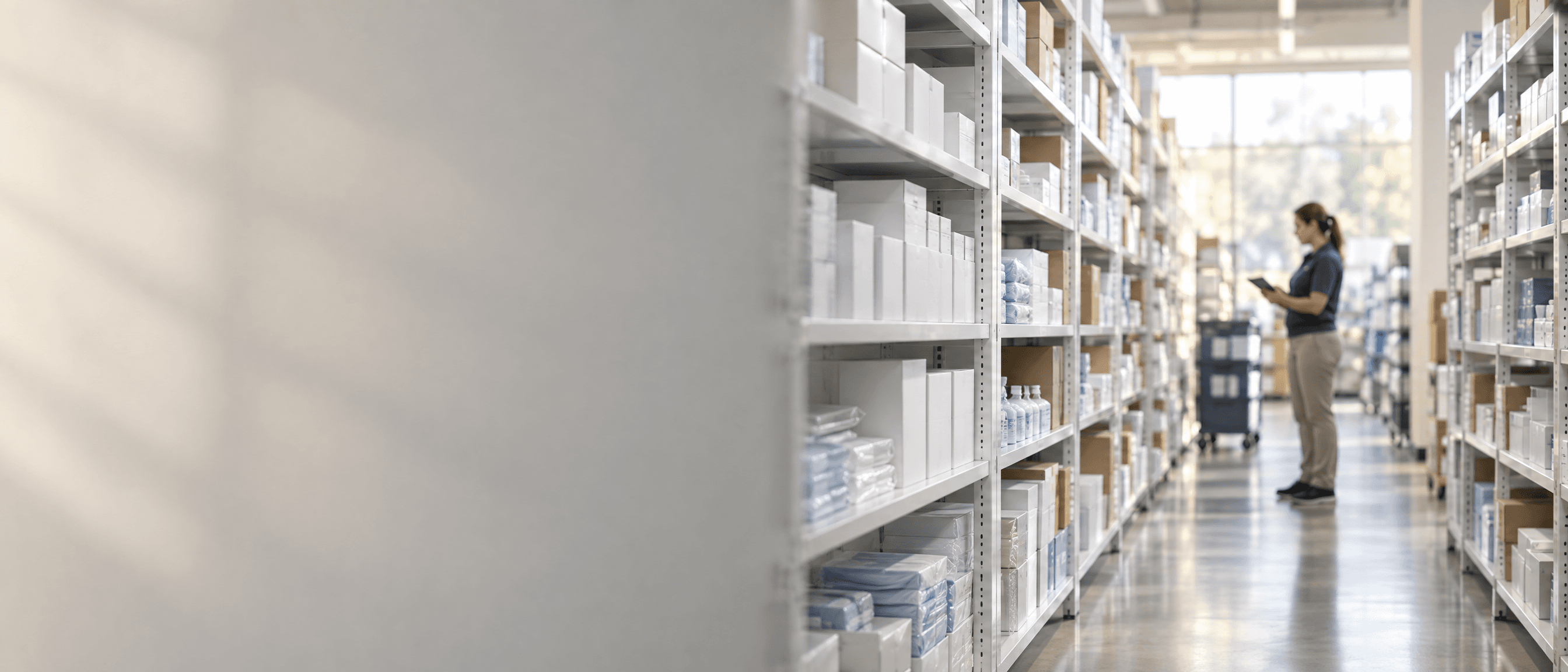 Aisle of stocked shelving in a supply warehouse